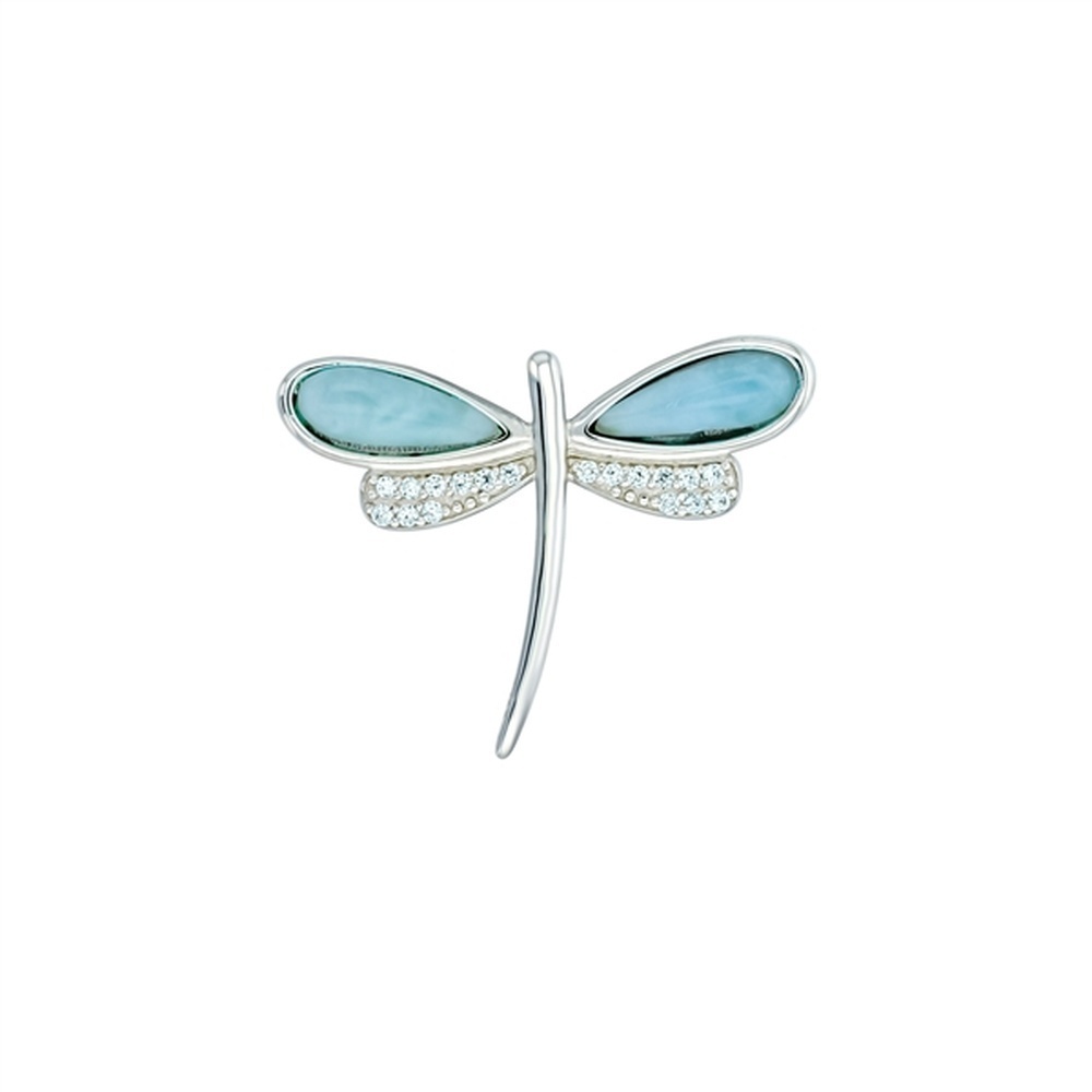 925 Sterling Silver Larimar Dragonfly CZ Pendant 2.65 gm